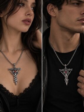 Sterling Silver Caduceus Pendant Necklace with Red Gem - Men Grooming Accessory